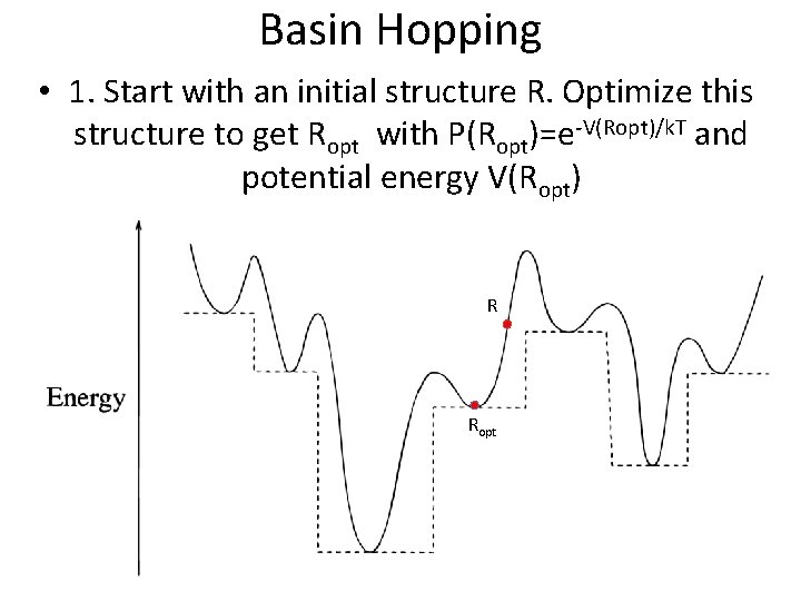 Basin Hopping • 1. Start with an initial structure R. Optimize this structure to