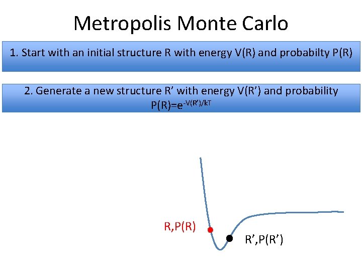 Metropolis Monte Carlo 1. Start with an initial structure R with energy V(R) and