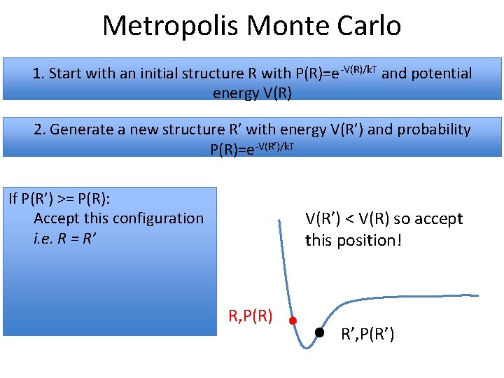 Metropolis Monte Carlo 1. Start with an initial structure R with P(R)=e-V(R)/k. T and