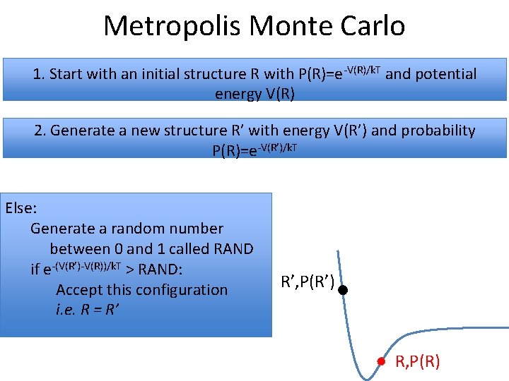 Metropolis Monte Carlo 1. Start with an initial structure R with P(R)=e-V(R)/k. T and