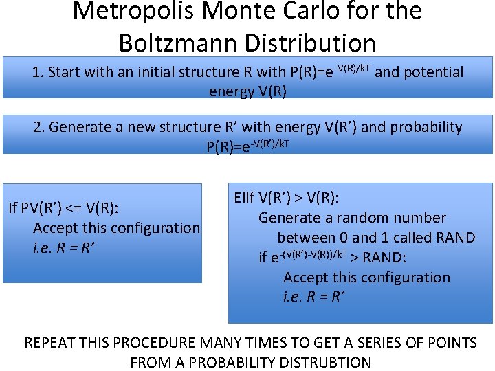 Metropolis Monte Carlo for the Boltzmann Distribution 1. Start with an initial structure R