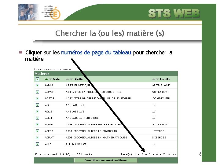 Chercher la (ou les) matière (s) Cliquer sur les numéros de page du tableau