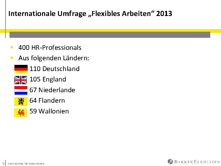 Internationale Umfrage „Flexibles Arbeiten“ 2013 § 400 HR-Professionals § Aus folgenden Ländern: § 110