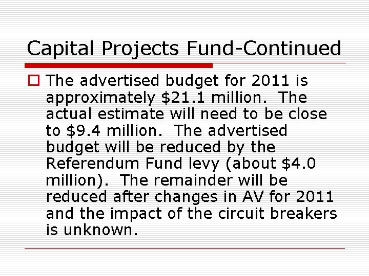 Capital Projects Fund-Continued o The advertised budget for 2011 is approximately $21. 1 million.