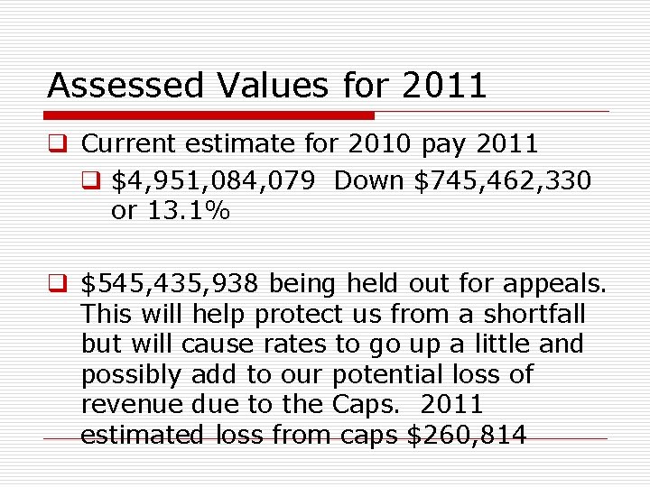 Assessed Values for 2011 q Current estimate for 2010 pay 2011 q $4, 951,