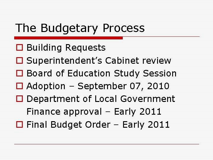 The Budgetary Process Building Requests Superintendent’s Cabinet review Board of Education Study Session Adoption