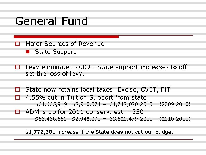 General Fund o Major Sources of Revenue n State Support o Levy eliminated 2009