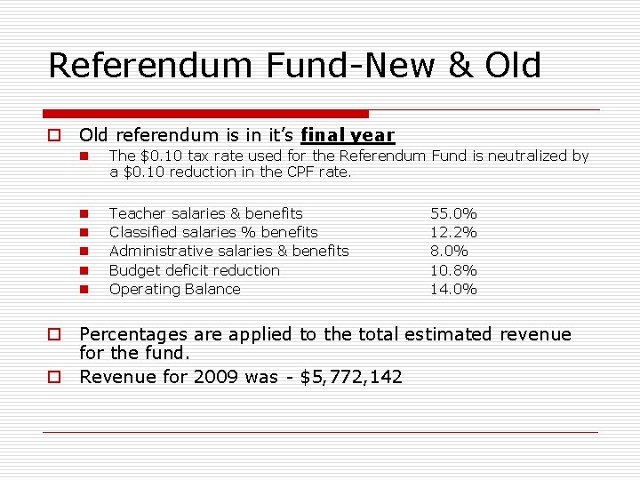 Referendum Fund-New & Old o Old referendum is in it’s final year n The