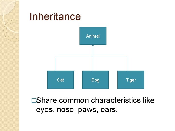 Inheritance Animal Cat �Share Dog Tiger common characteristics like eyes, nose, paws, ears. 