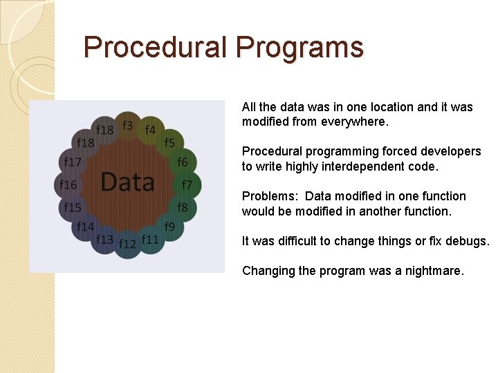 Procedural Programs All the data was in one location and it was modified from