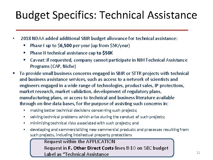 Budget Specifics: Technical Assistance 2018 NDAA added additional SBIR budget allowance for technical assistance: