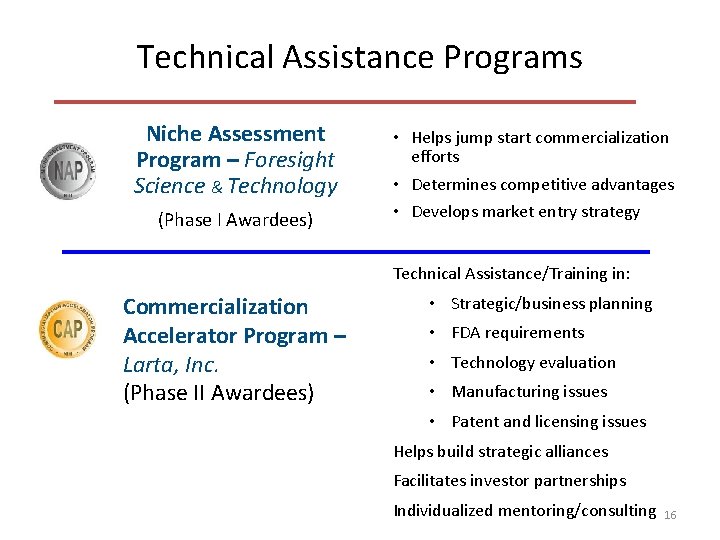 Technical Assistance Programs Niche Assessment Program – Foresight Science & Technology (Phase I Awardees)