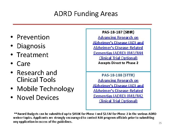 ADRD Funding Areas Prevention Diagnosis Treatment Care Research and Clinical Tools • Mobile Technology