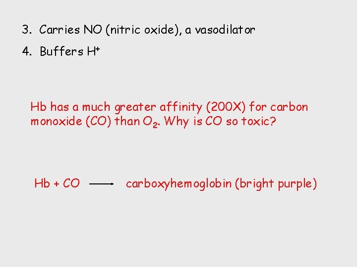 3. Carries NO (nitric oxide), a vasodilator 4. Buffers H+ Hb has a much