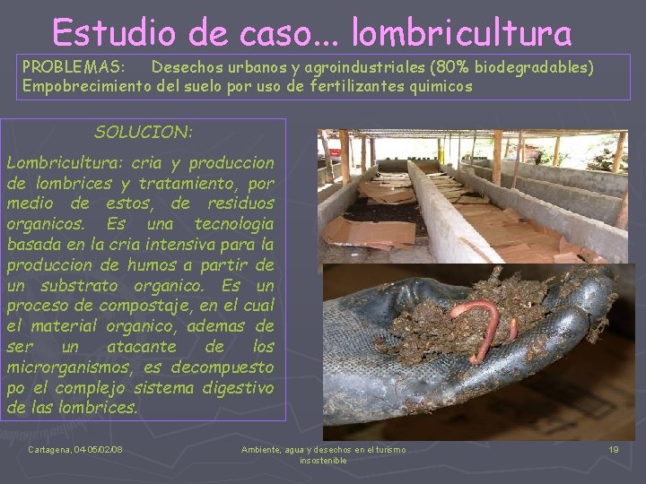 Estudio de caso. . . lombricultura PROBLEMAS: Desechos urbanos y agroindustriales (80% biodegradables) PROBLEMAS