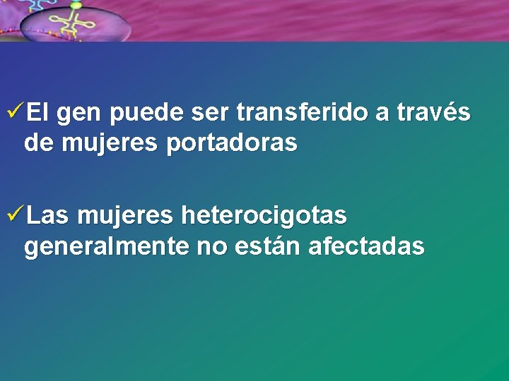 üEl gen puede ser transferido a través de mujeres portadoras üLas mujeres heterocigotas generalmente