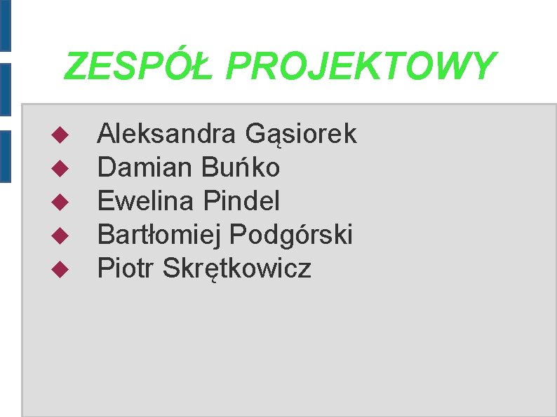 ZESPÓŁ PROJEKTOWY Aleksandra Gąsiorek Damian Buńko Ewelina Pindel Bartłomiej Podgórski Piotr Skrętkowicz 