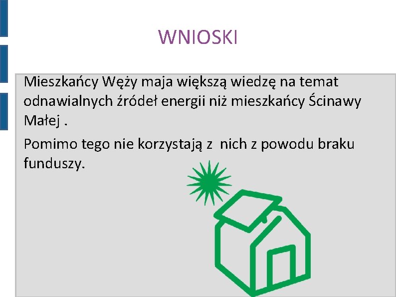 WNIOSKI Mieszkańcy Węży maja większą wiedzę na temat odnawialnych źródeł energii niż mieszkańcy Ścinawy