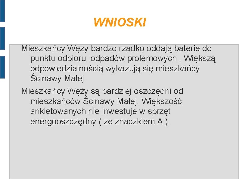 WNIOSKI Mieszkańcy Węży bardzo rzadko oddają baterie do punktu odbioru odpadów prolemowych. Większą odpowiedzialnością