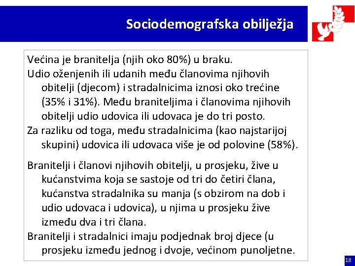 Sociodemografska obilježja Većina je branitelja (njih oko 80%) u braku. Udio oženjenih ili udanih