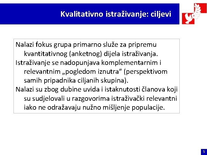 Kvalitativno istraživanje: ciljevi Nalazi fokus grupa primarno služe za pripremu kvantitativnog (anketnog) dijela istraživanja.