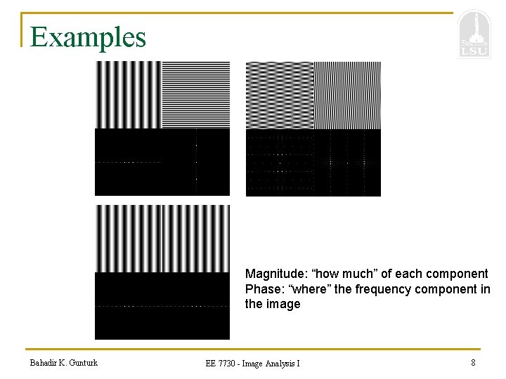 Examples Magnitude: “how much” of each component Phase: “where” the frequency component in the