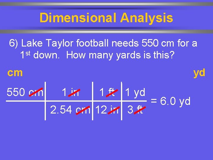 Dimensional Analysis 6) Lake Taylor football needs 550 cm for a 1 st down.