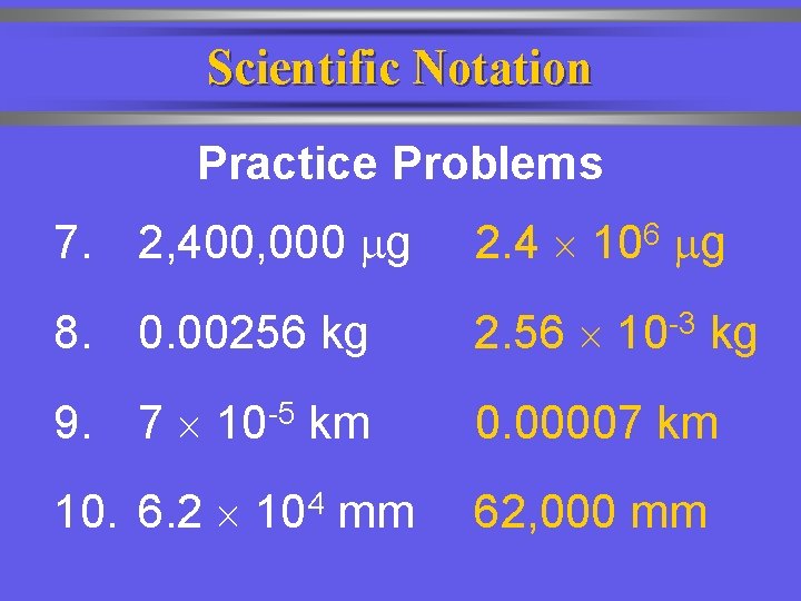 Scientific Notation Practice Problems 7. 2, 400, 000 g 2. 4 8. 0. 00256