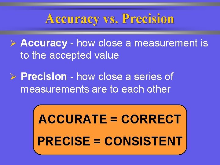 Accuracy vs. Precision Ø Accuracy - how close a measurement is to the accepted