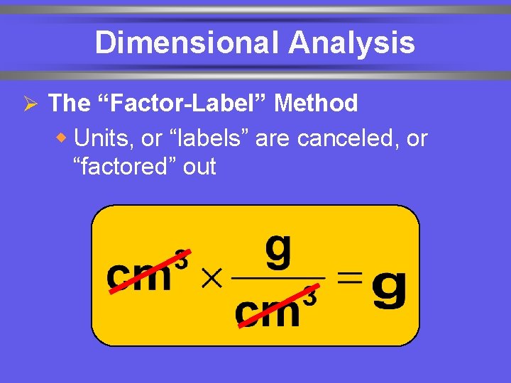 Dimensional Analysis Ø The “Factor-Label” Method w Units, or “labels” are canceled, or “factored”