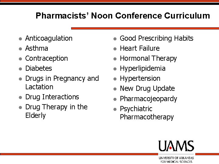 Pharmacists’ Noon Conference Curriculum l l l l Anticoagulation Asthma Contraception Diabetes Drugs in