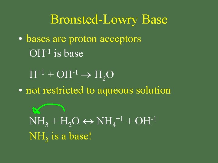 Bronsted-Lowry Base • bases are proton acceptors OH-1 is base H+1 + OH-1 H