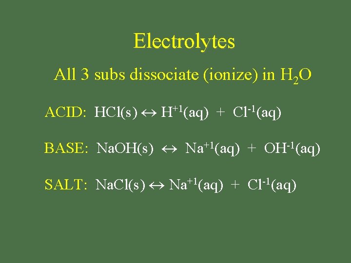 Electrolytes All 3 subs dissociate (ionize) in H 2 O ACID: HCl(s) H+1(aq) +