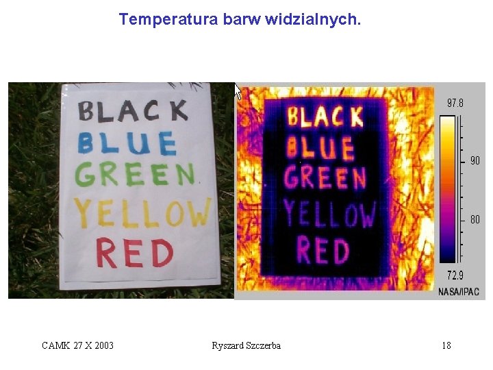 Temperatura barw widzialnych. CAMK 27 X 2003 Ryszard Szczerba 18 