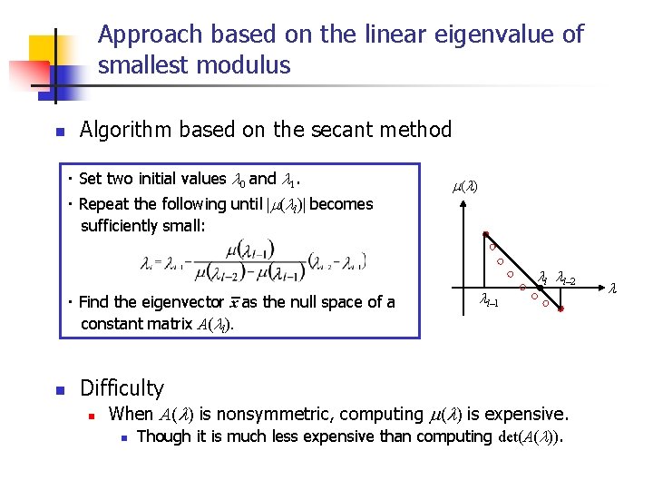 Approach based on the linear eigenvalue of smallest modulus n Algorithm based on the