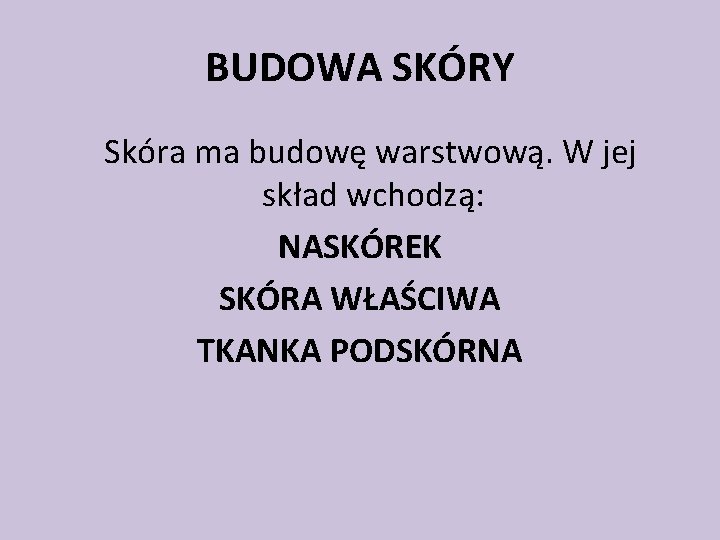 BUDOWA SKÓRY Skóra ma budowę warstwową. W jej skład wchodzą: NASKÓREK SKÓRA WŁAŚCIWA TKANKA