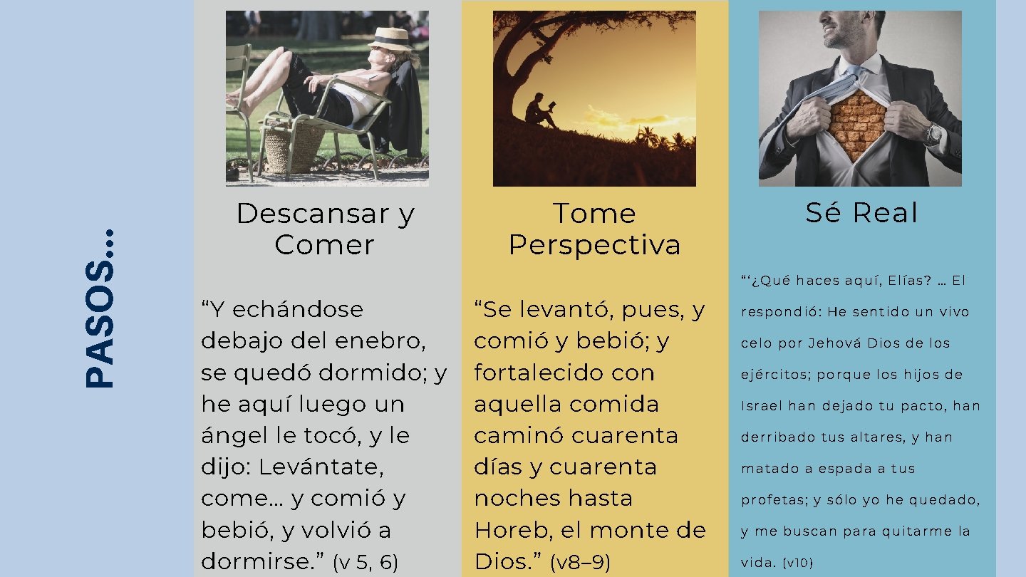 PASOS. . . Descansar y Comer Tome Perspectiva Sé Real “‘¿Qué haces aquí, Elías?