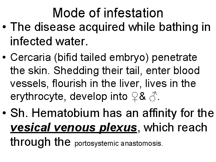 Mode of infestation • The disease acquired while bathing in infected water. • Cercaria