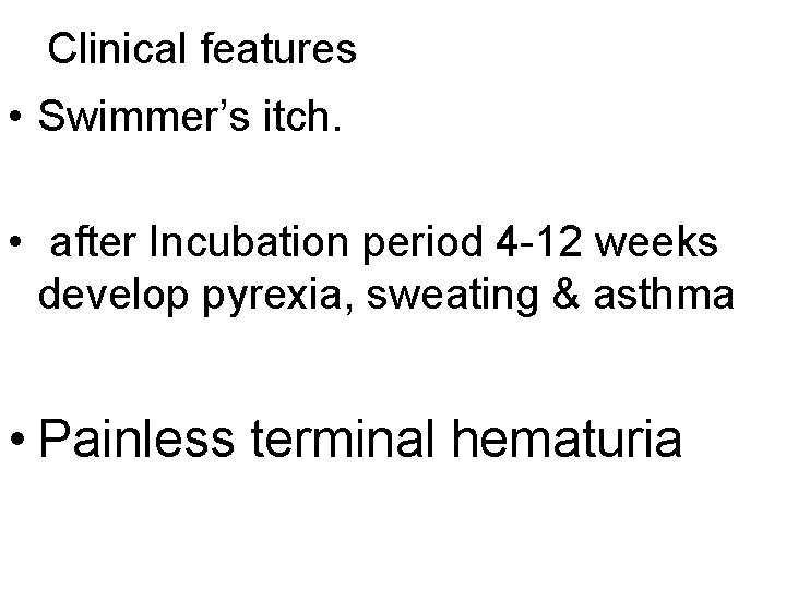 Clinical features • Swimmer’s itch. • after Incubation period 4 -12 weeks develop pyrexia,
