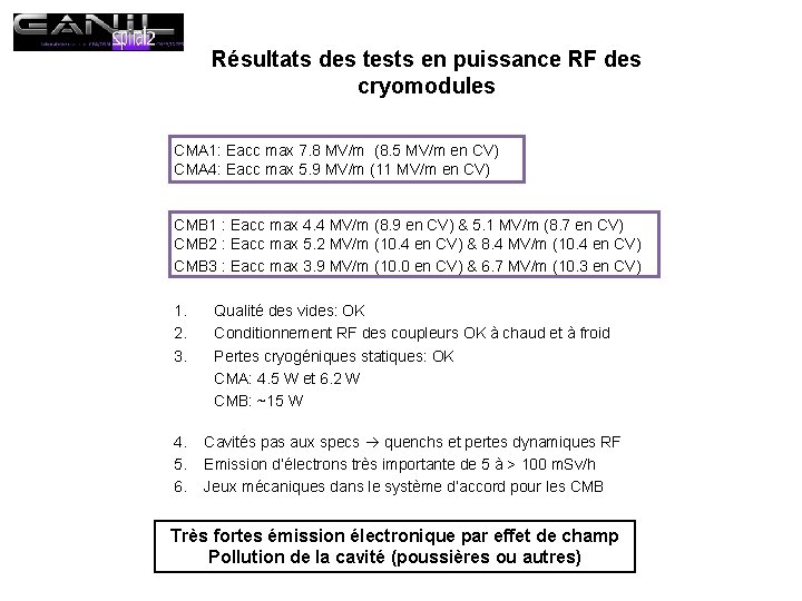 Résultats des tests en puissance RF des cryomodules CMA 1: Eacc max 7. 8