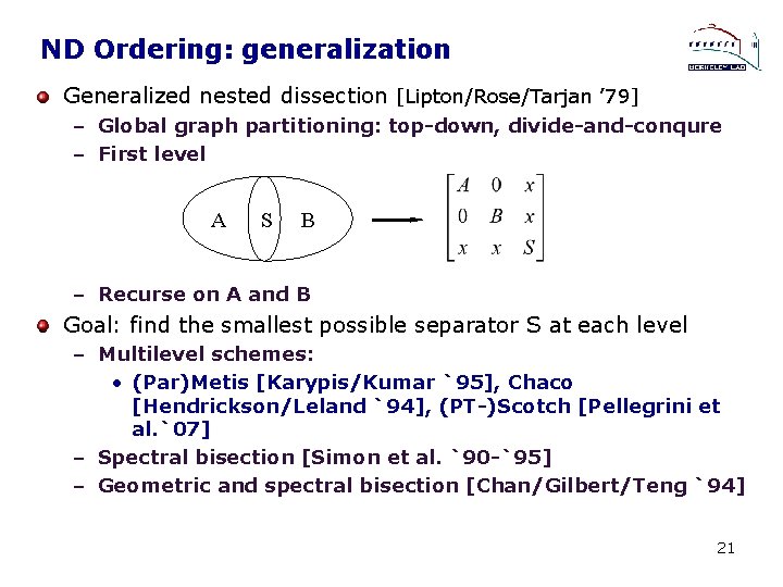 ND Ordering: generalization Generalized nested dissection [Lipton/Rose/Tarjan ’ 79] – Global graph partitioning: top-down,