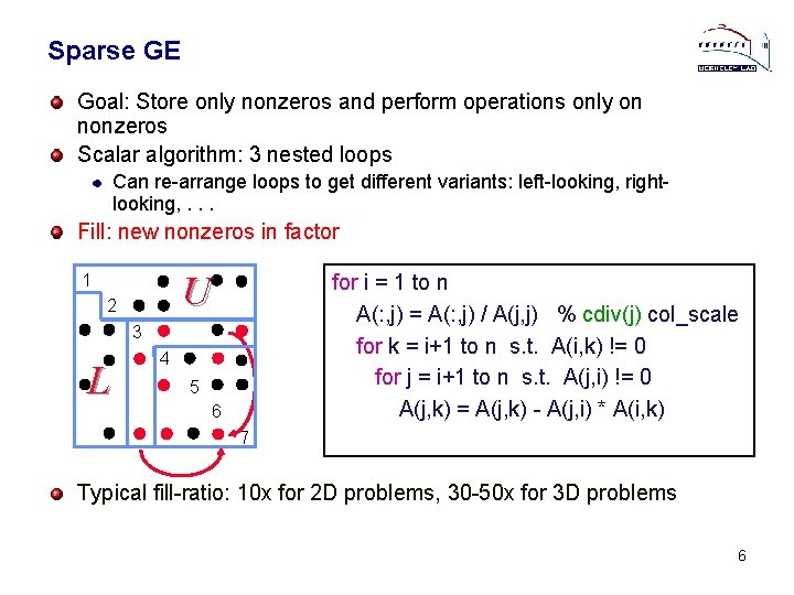 Sparse GE Goal: Store only nonzeros and perform operations only on nonzeros Scalar algorithm: