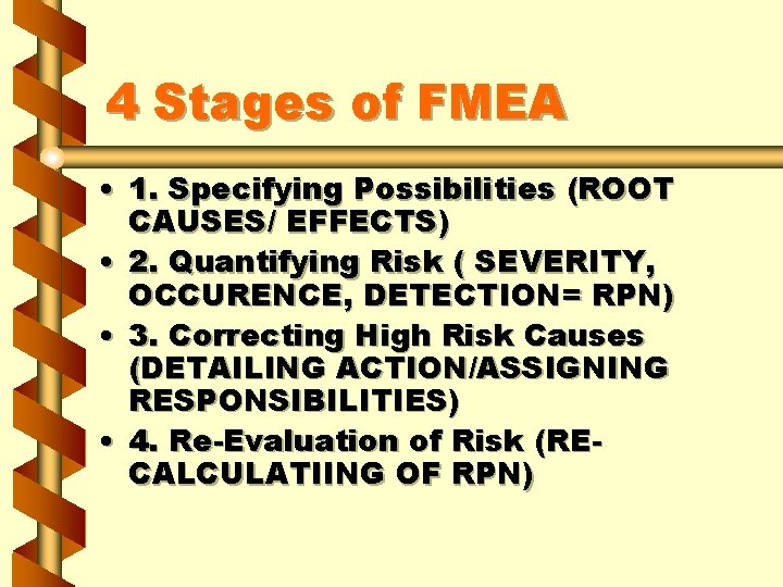 4 Stages of FMEA • 1. Specifying Possibilities (ROOT CAUSES/ EFFECTS) • 2. Quantifying