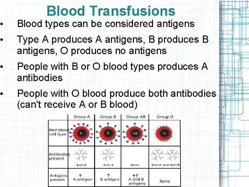 Blood Transfusions • Blood types can be considered antigens • Type A produces A