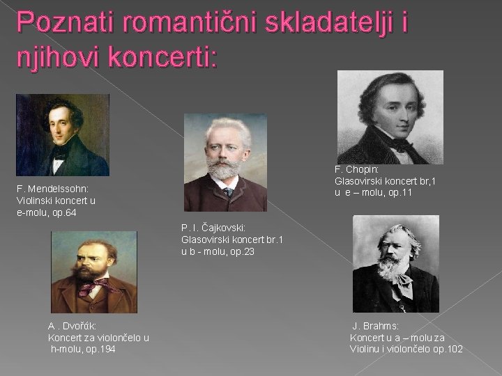 Poznati romantični skladatelji i njihovi koncerti: F. Chopin: Glasovirski koncert br, 1 u e