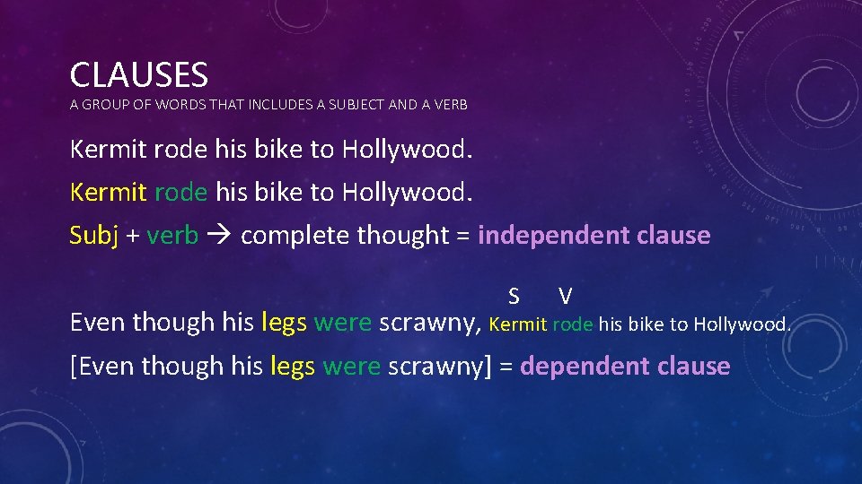 CLAUSES A GROUP OF WORDS THAT INCLUDES A SUBJECT AND A VERB Kermit rode