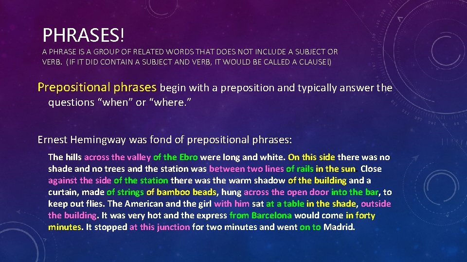 PHRASES! A PHRASE IS A GROUP OF RELATED WORDS THAT DOES NOT INCLUDE A