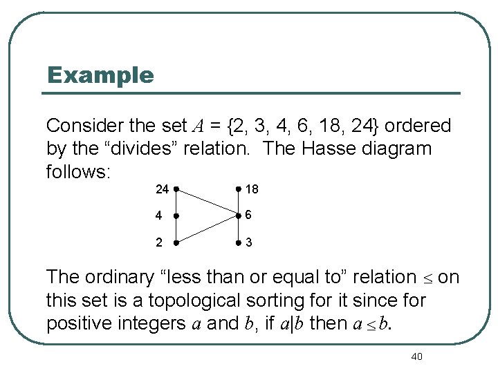 Example Consider the set A = {2, 3, 4, 6, 18, 24} ordered by