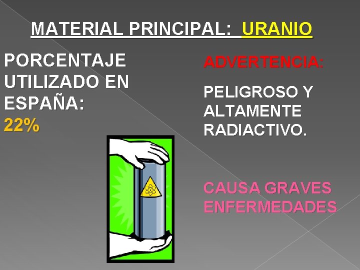MATERIAL PRINCIPAL: URANIO PORCENTAJE UTILIZADO EN ESPAÑA: 22% ADVERTENCIA: PELIGROSO Y ALTAMENTE RADIACTIVO. CAUSA