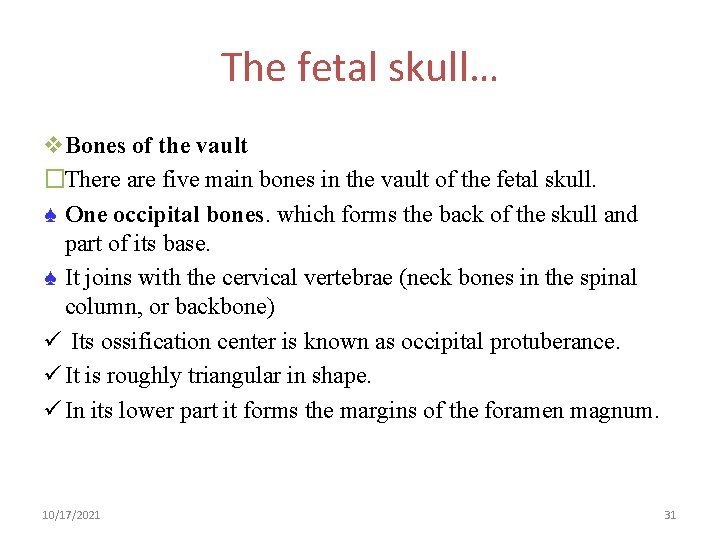 The fetal skull… v. Bones of the vault �There are five main bones in